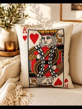 King of Hearts Playing Card Decorative Pillow - Red & Cream
